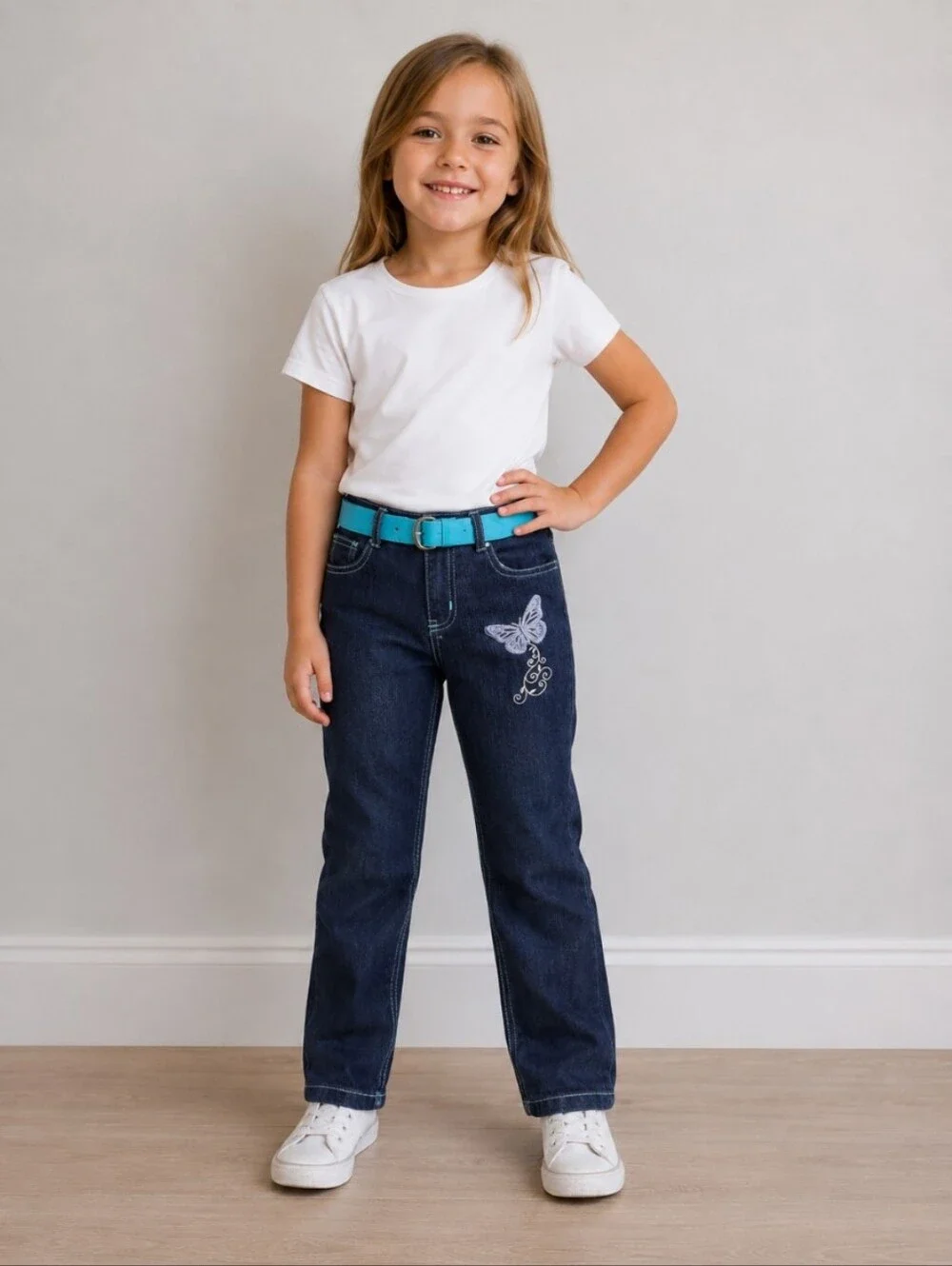 Girls Embroidered Butterfly Jeans W Belt 5/6